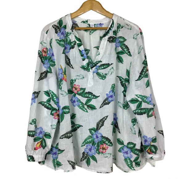 Linen Cotton Tropical Print V-Neck Blouse Top - Picture 3 of 8